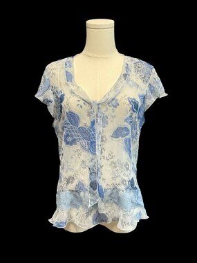 Blue/White Floral Print Sheer Blouse w/ Lace Peplum Detail